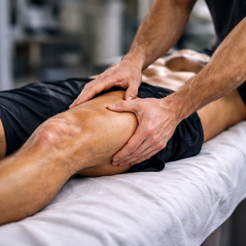 Αθλητικό μασάζ σε τετρακέφαλο αθλητή με στοχευμένη πίεση από θεραπευτή